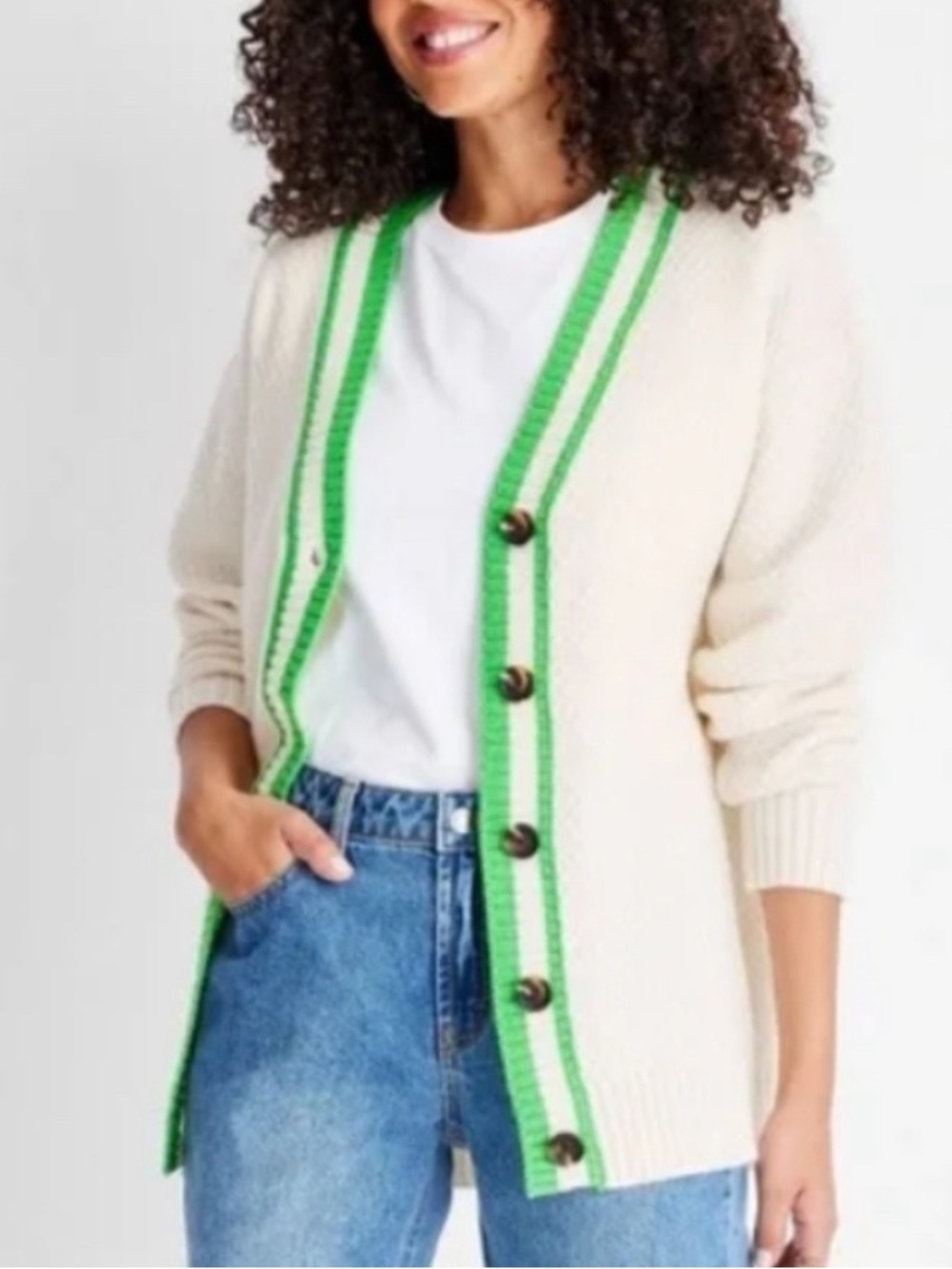 Future Collective Kahlana Barfield Brown Varsity Cardigan Cream Green M